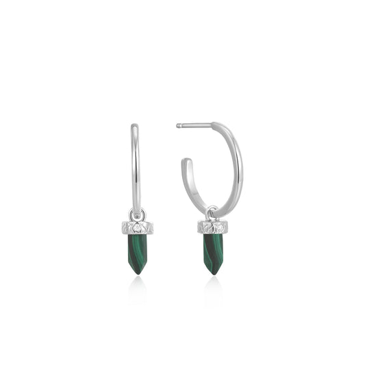 Silver Malachite Point Pendant Small Hoop Earrings