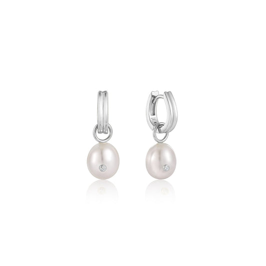 Ania Haie Silver Pearl Drop Sparkle Huggie Hoop Earrings 