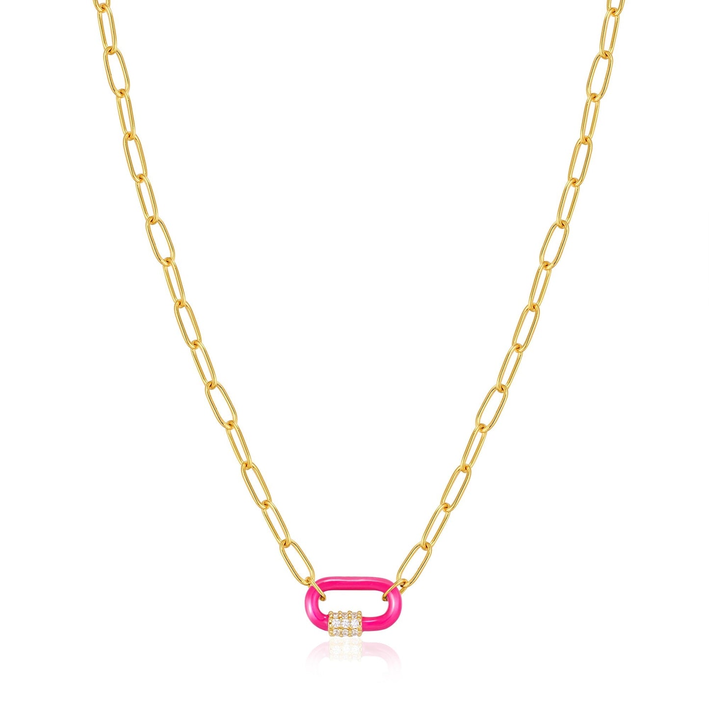 Neon Pink Enamel Carabiner Gold Necklace