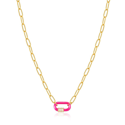 Neon Pink Enamel Carabiner Gold Necklace