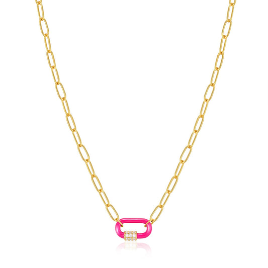 Neon Pink Enamel Carabiner Gold Necklace