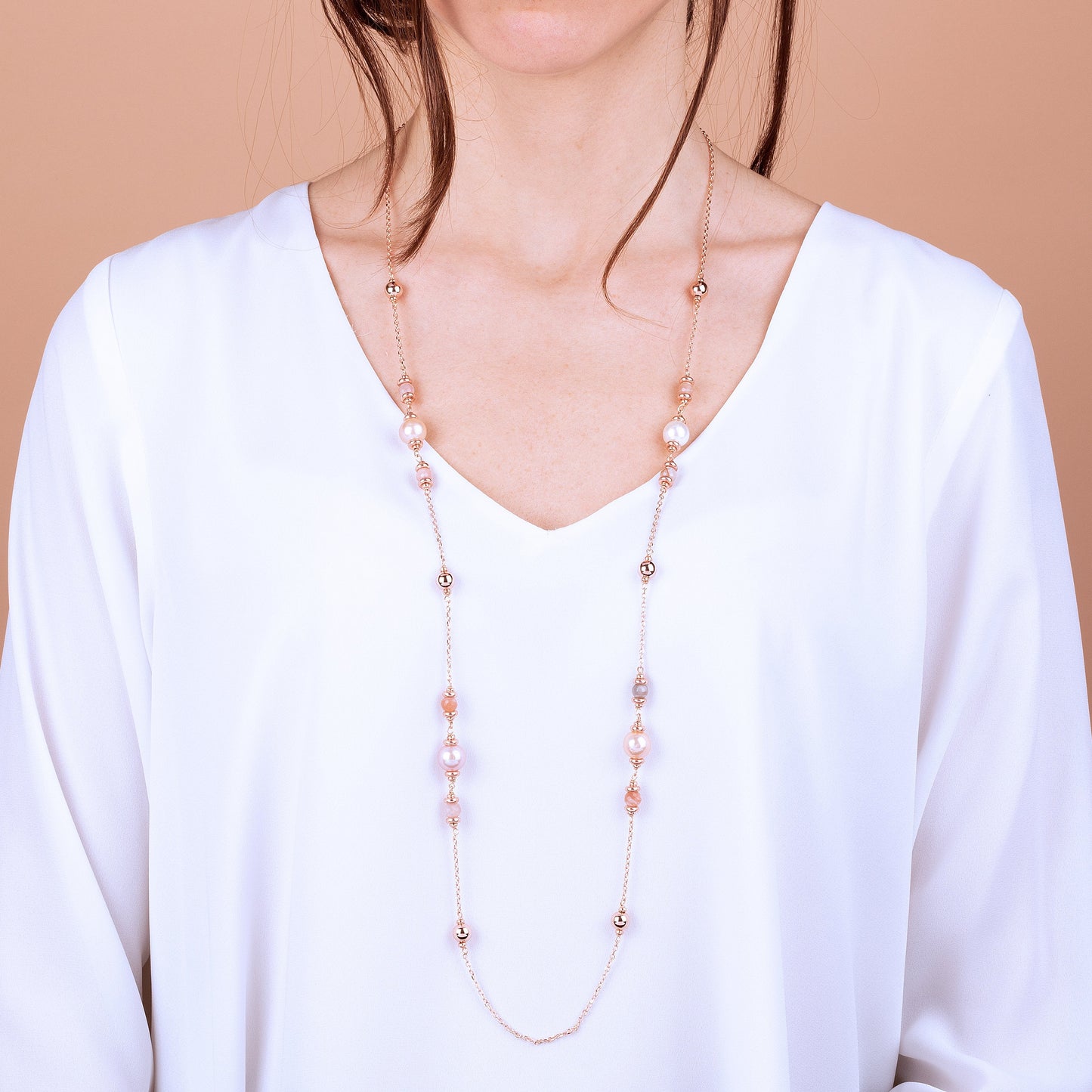 Bronzallure Peach Moonstone And Ming Pearls Necklace