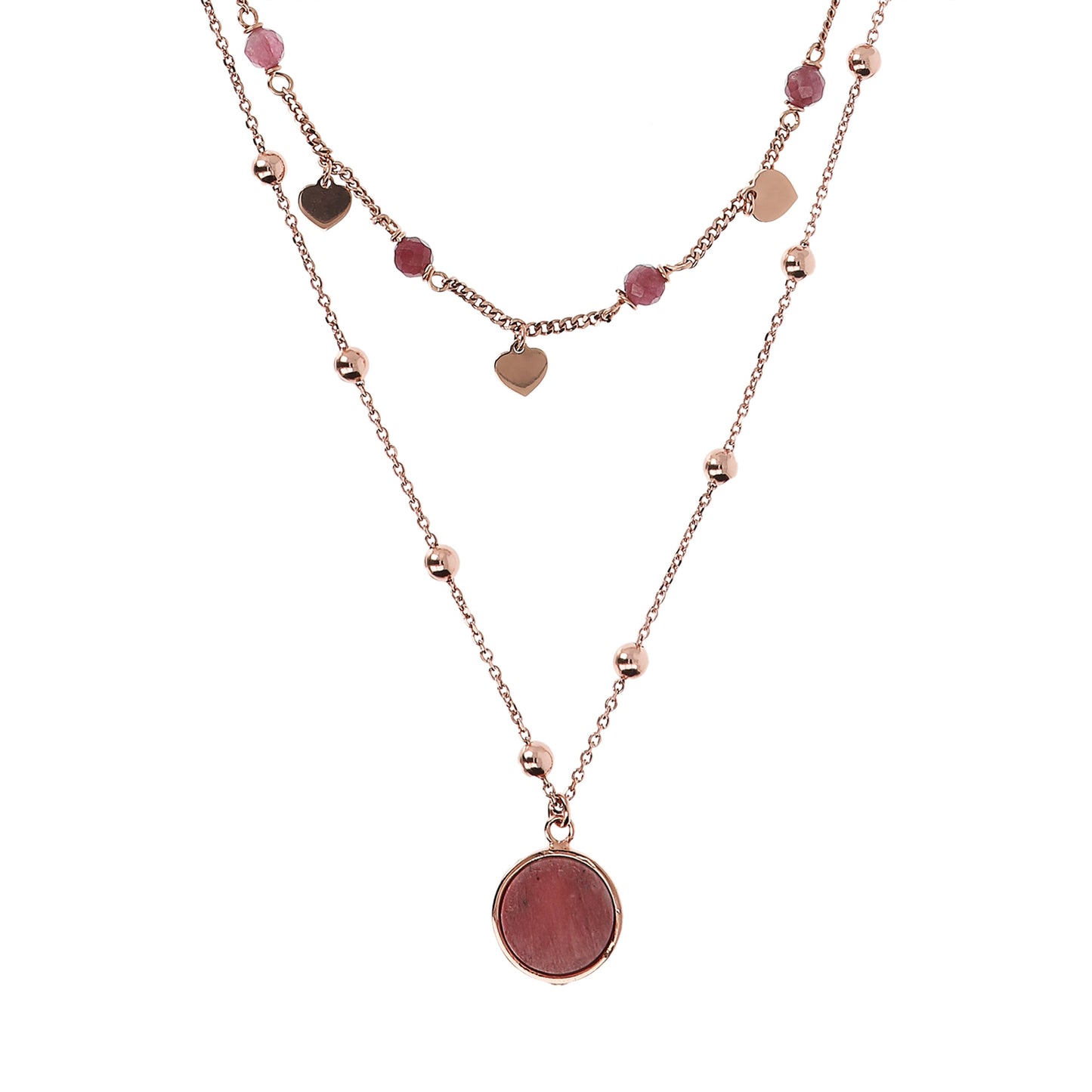 Bronzallure Two Strands Necklace with Natural Stone and Golden Rose Hearts