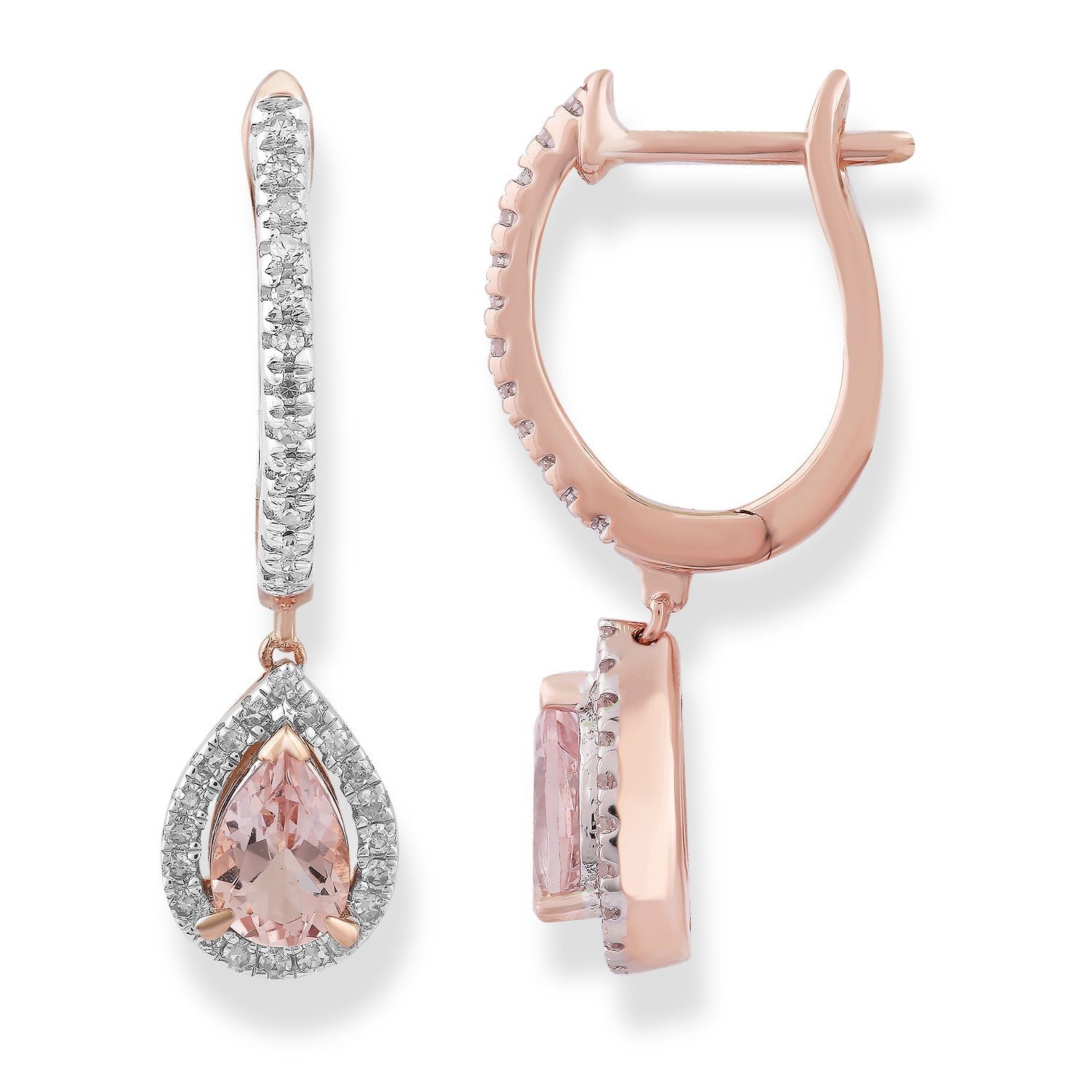 Diamond and Morganite Drop Earrings with 0.22ct Diamonds in 9K Rose Gold