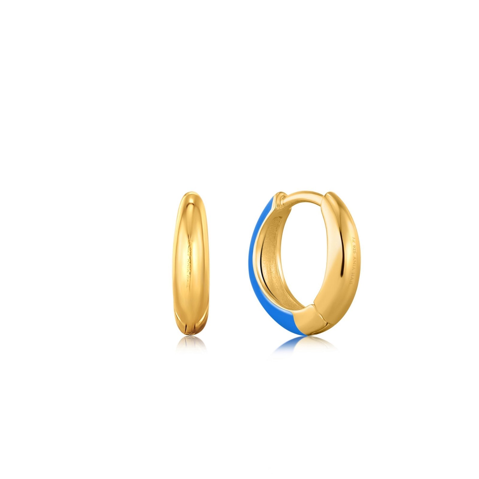 Neon Blue Enamel Gold Sleek Huggie Hoop Earrings - Image 2