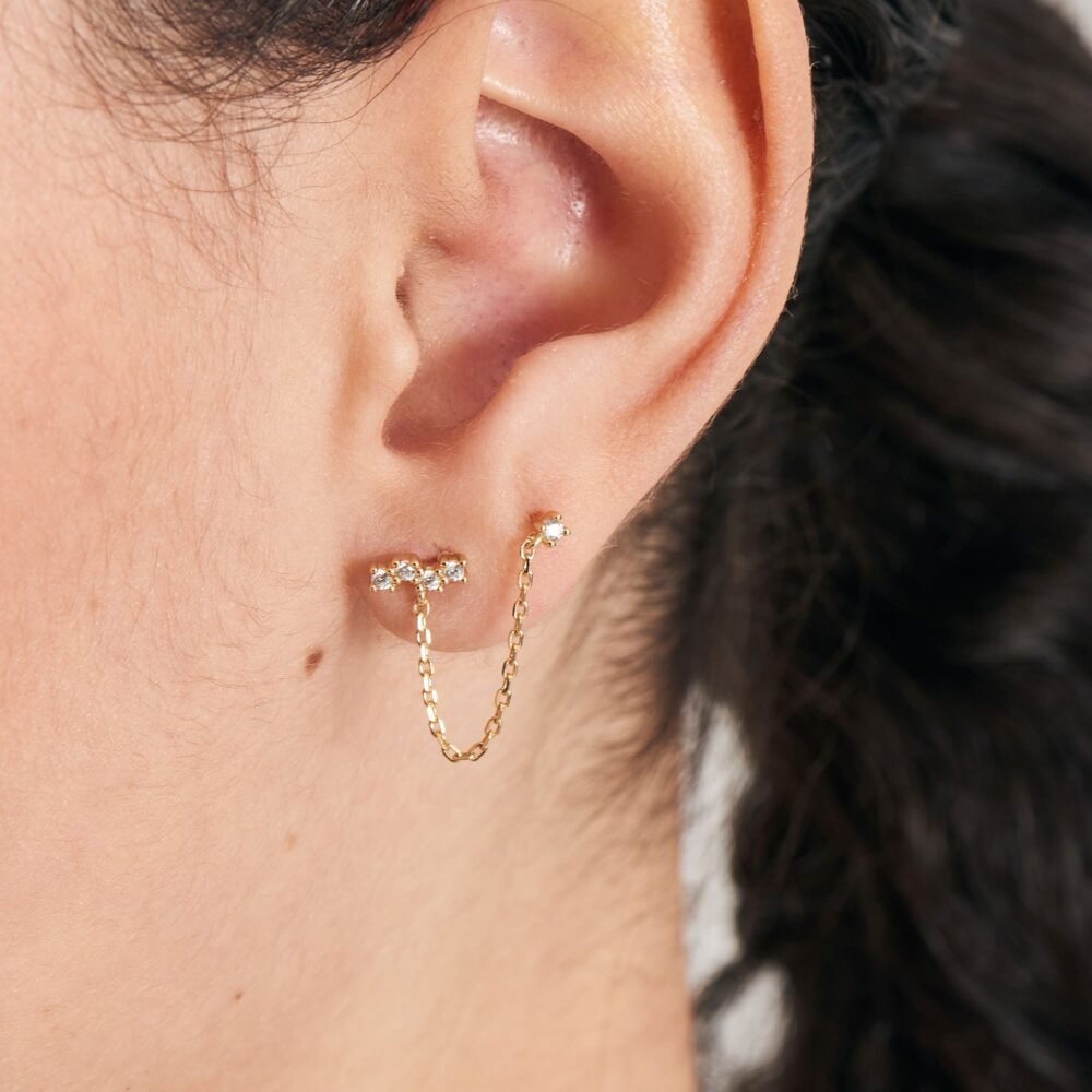 Gold Celestial Drop Chain Barbell Single Earring - Image 2