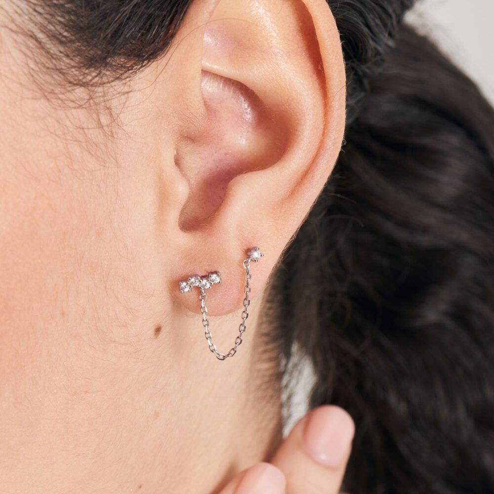 Silver Celestial Drop Chain Barbell Single Earring - Image 2